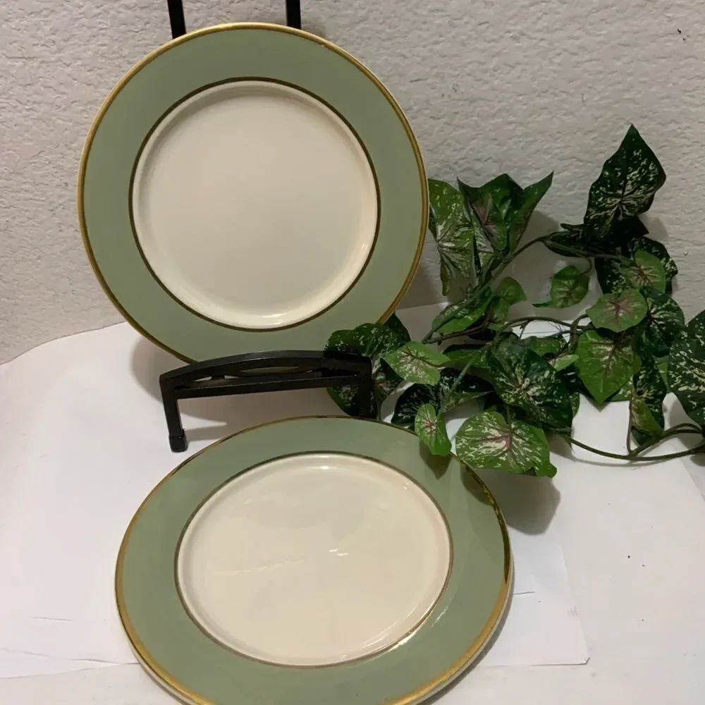COPY - TWO 10.5" Dinner Plate Classic Heritage Green Green Band Gold Trim Made …